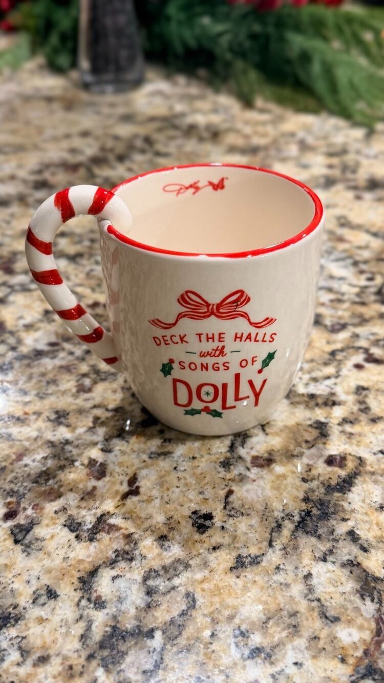 Dolly Parton “Holly Dolly” Mug Candy Cane Handle w/Dolly Signature, Butterfly